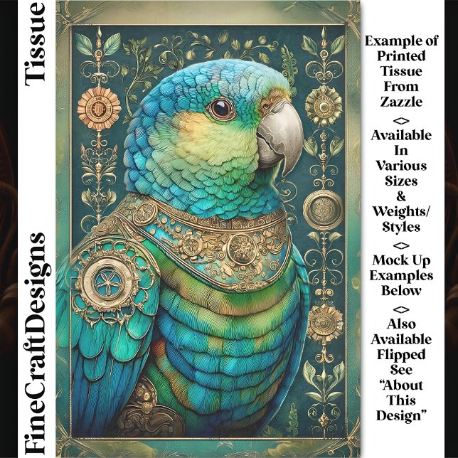 Papier Mousseline Exotic Steampunk Blue Green Parrot DX7R Decoupage (Créateur téléchargé)