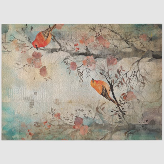 Papier Mousseline Fairy Land Spring Forest Orange Birds (Recto)