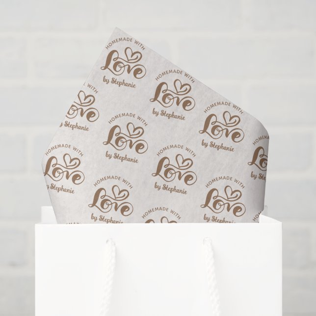 Papier Mousseline Fait Maison avec Amour par Nom Script Brown (Sac cadeau)