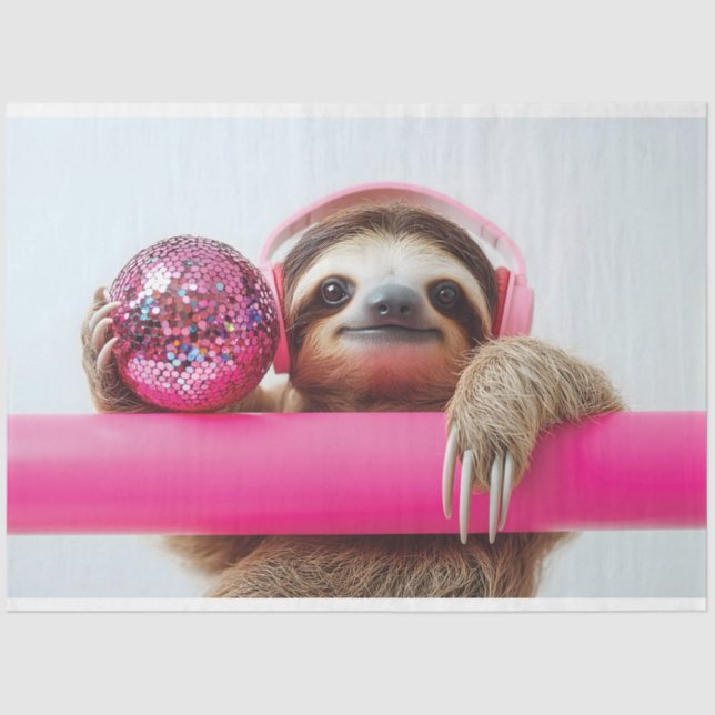 Papier Mousseline Fanky Sloth avec casque rose et boule disco (Recto)