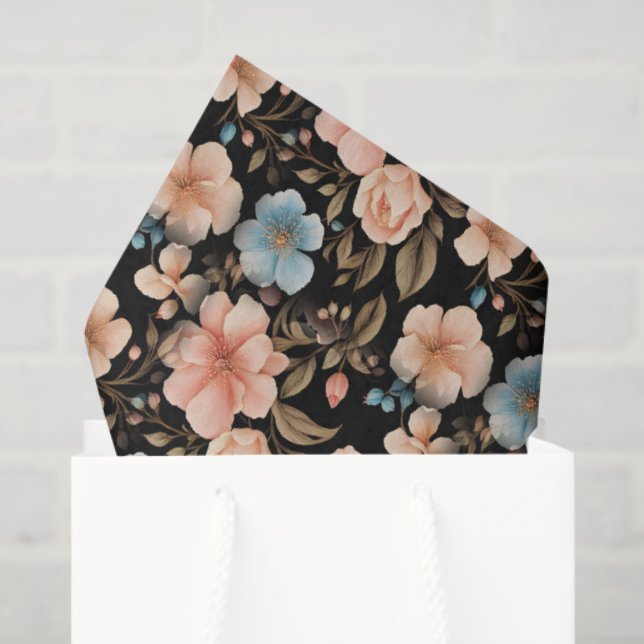 Papier Mousseline Fantaisie florale bleue et pêche (Sac cadeau)