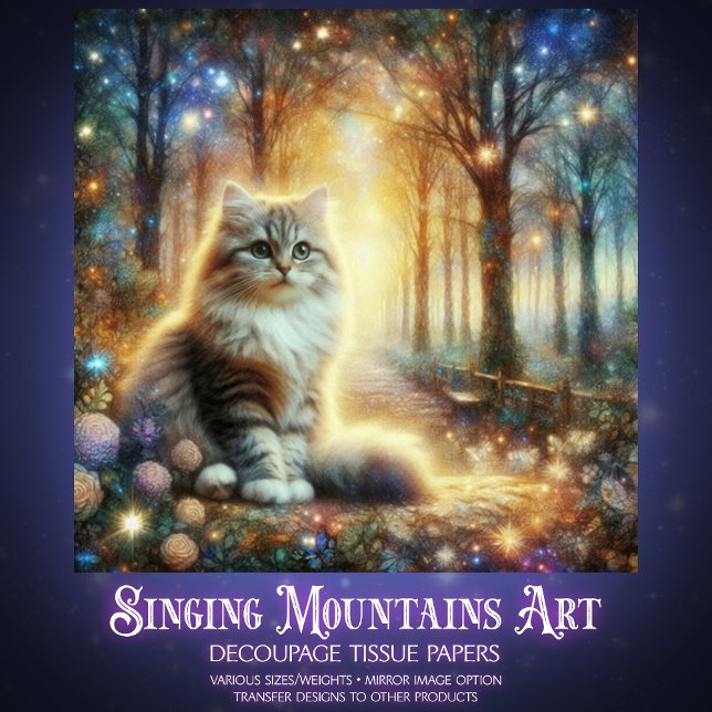 Papier Mousseline Fantasy Cat in a Floral Woodland Garden Decoupage  (Créateur téléchargé)