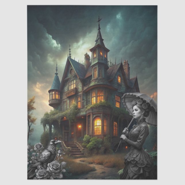 Papier Mousseline Fantasy Haunted House Victorian Lady Raven Roses (Recto)