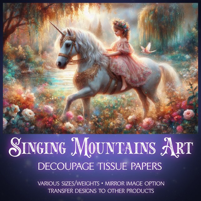 Papier Mousseline Fantasy Woodland Girl and Unicorn Decoupage  (Créateur téléchargé)