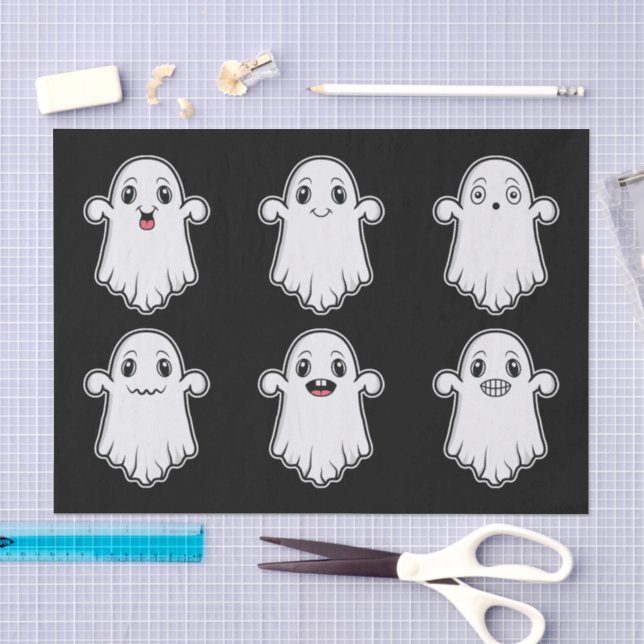 Papier Mousseline Fantômes avec différents visages Mignon Halloween  (Artisanat)