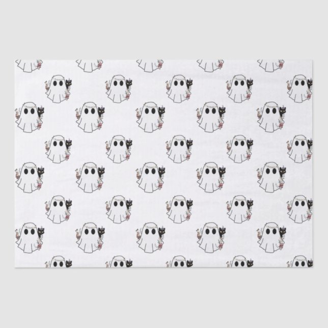Papier Mousseline Fantômes blancs et chats noirs Halloween blanc (Recto)