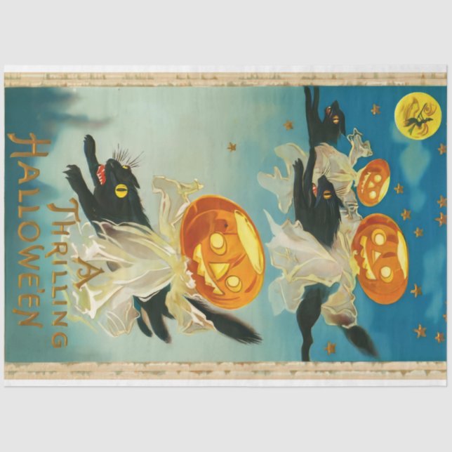 Papier Mousseline Fantômes Citrouilles vintages d'Halloween et chats (Recto)