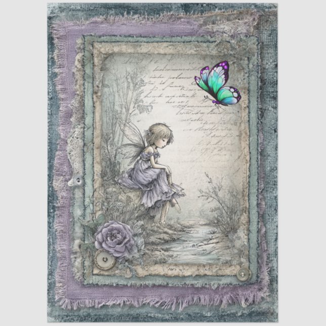 Papier Mousseline Faux Denim & Lace Imaginaire Fairy Decoupage (Recto)