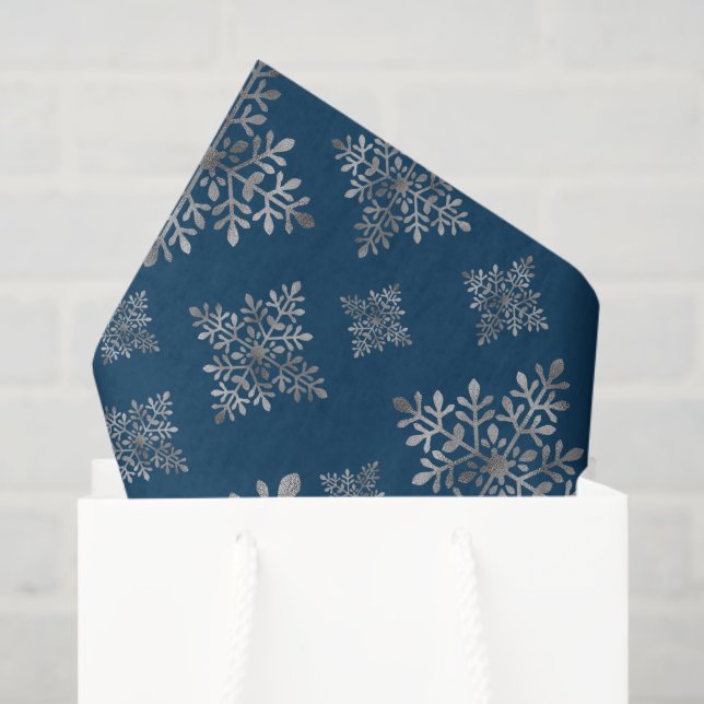 Papier Mousseline Faux Gris Foil Faux Flakes À Neige Sur Bleu (Pas V (Sac cadeau)