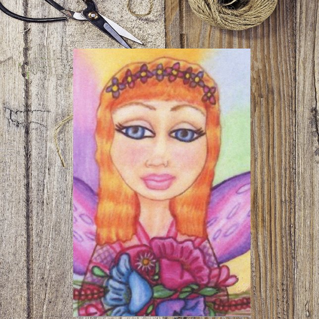Papier Mousseline Fée aux Cheveux Rouges Fae Fleurs de Printemps (Red haired fairy holding colourful flowers purple wings on tissue wrapping paper.)