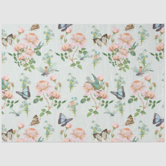 Papier Mousseline Fée cachée Floral Bleu rose libellule Papillon (Recto)
