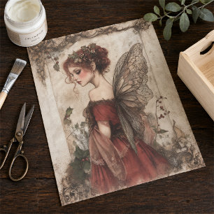 Papier Mousseline Fée de Noël vintage avec houx et robe rouge