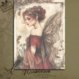 Papier Mousseline Fée de Noël Vintage avec robe blanche et rouge