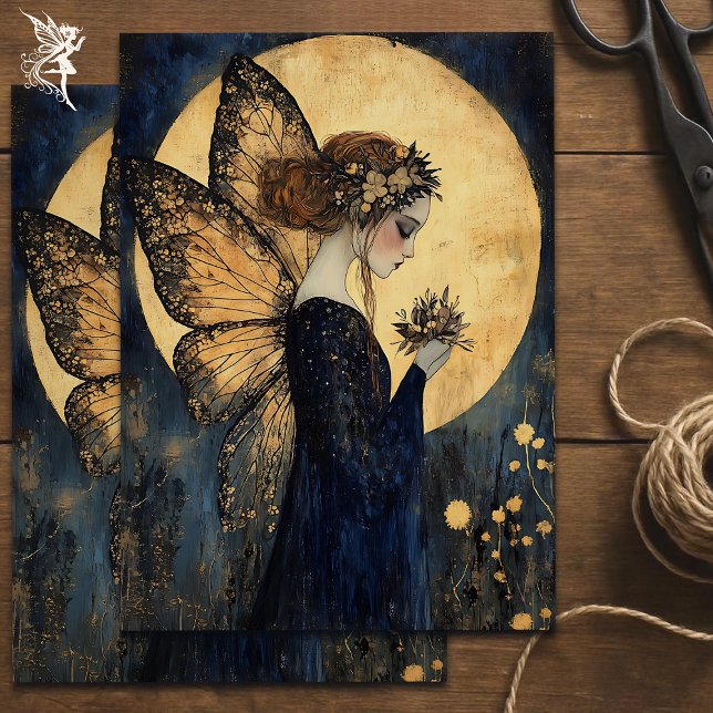 Papier Mousseline Fée de nuit magique avec fleurs sous lune d'or (Créateur téléchargé)
