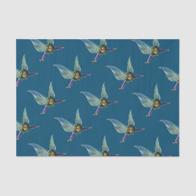 Papier Mousseline Fées de la forêt motif sur bleu (Recto)
