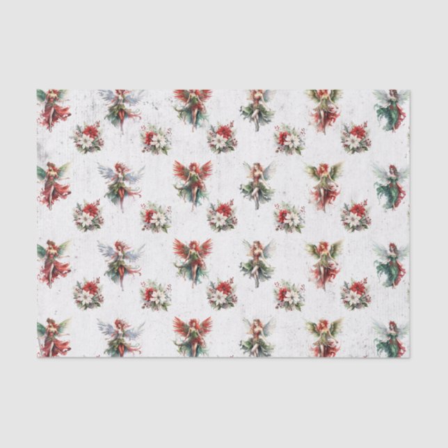 Papier Mousseline Fées de Noël et Poinsettias Papier Tissu (Recto)