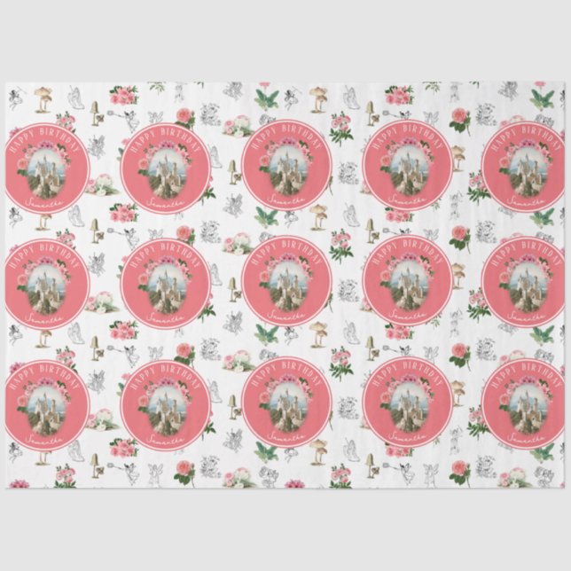 Papier Mousseline Fées Rose Floral Champignons Fairy Castle Annivers (Recto)