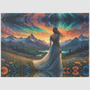 Papier Mousseline Femme au champ floral Sunrise au-dessus du lac Mou