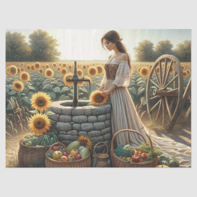 Papier Mousseline Femme au Puits des Tournesols 2 Tissus Papier (Recto)