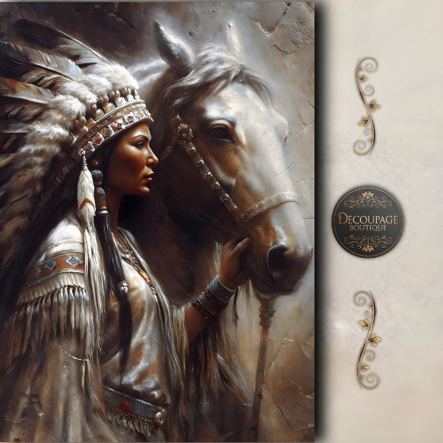 Papier Mousseline Femme Autochtone & Coiffe de Cheval Blanc Découpag (Native Woman & White Horse Headdress Decoupage Tissue Paper)