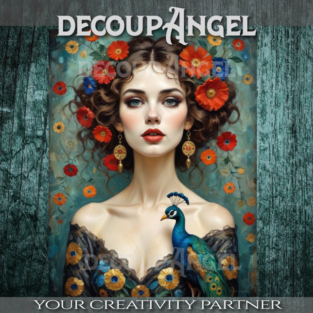 Papier Mousseline Femme avec paon et fleurs rouges dans Art Nouveau (Créateur téléchargé)