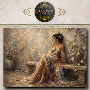 Papier Mousseline Femme élégante assise sur un banc de jardin avec d