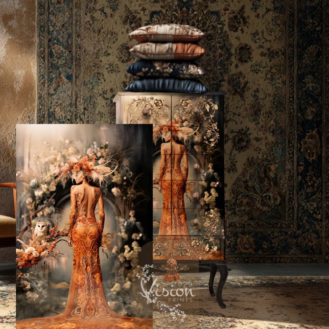 Papier Mousseline Femme élégante, Hibouc & Arche Florale, Portrait A (Rustic Owl, Elegant Woman, Burnt Orange, Dusty Floral Archway, Fall Palette, Decoupage Tissue Paper)