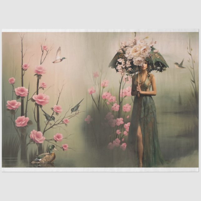 Papier Mousseline Femme élégante, Misty Lake Bird & Floral Portrait (Recto)