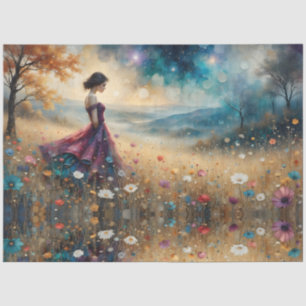Papier Mousseline Femme en robe colorée sur une colline de fleurs