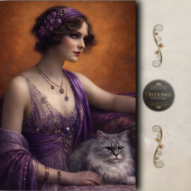 Papier Mousseline Femme Glamour Violet Découpage Chat (Purple Glam Woman Cat Decoupage Tissue Paper)