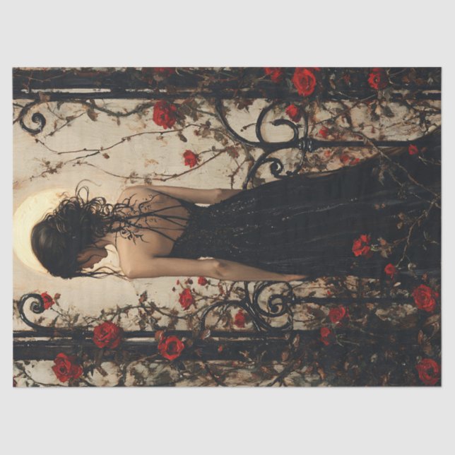 Papier Mousseline Femme gothique en robe noire parmi les roses rouge (Recto)