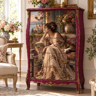 Papier Mousseline Femme méditerranéenne avec chat et roses découpage