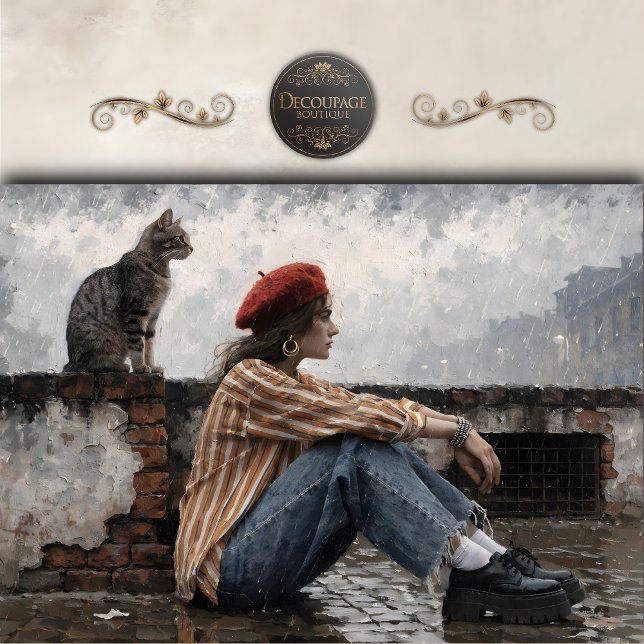 Papier Mousseline Femme moderne au béret au chat découpé (Modern Woman in Beret with Cat Decoupage Tissue Paper)