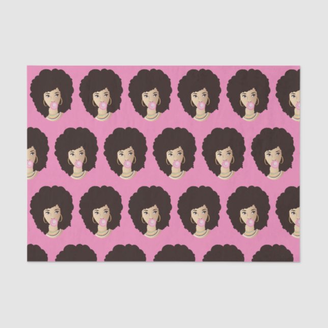 Papier Mousseline Femme noire, Cheveux naturels, Bubblegum rose, Ros (Recto)