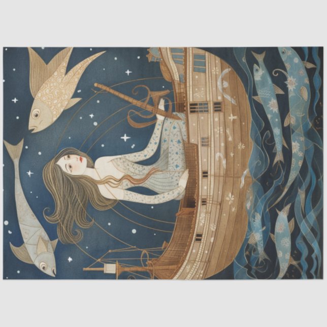 Papier Mousseline Femme Primitive Avec Poissons Découpage (Recto)