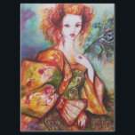 PAPIER MOUSSELINE FEMME ROMANTIQUE AVEC PÂTE DE PEACOCK ÉCLANTE<br><div class="desc">Elégant,  coloré,  classe,  design fantaisiste en vert vif,  jaune orange,  turquoise,  turquase,  couleurs blanches.Belle brune sophistiquée femme,  rouge,  vert brillant d'or tissus d'un costume baroque avec plumes paon.Peinture d'aquarelle originale avec feuille d'or et couleurs irisées</div>