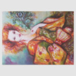 PAPIER MOUSSELINE FEMME ROMANTIQUE AVEC PÂTE DE PEACOCK ÉCLANTE<br><div class="desc">Elégant,  coloré,  classe,  design fantaisiste en vert vif,  jaune orange,  turquoise,  turquase,  couleurs blanches.Belle brune sophistiquée femme,  rouge,  vert brillant d'or tissus d'un costume baroque avec plumes paon.Peinture d'aquarelle originale avec feuille d'or et couleurs irisées</div>