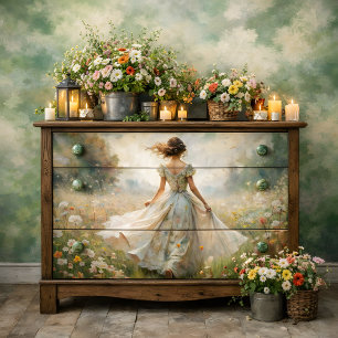Papier Mousseline Femme Romantique dans un Pré de Fleurs Sauvages Dé