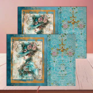 Papier Mousseline Femme victorienne en découpage sarcelle vif