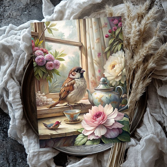 Papier Mousseline Fenêtre d'été Shabby avec des pivoines roses (Shabby summer window with sparrow pink peonies tissue paper)