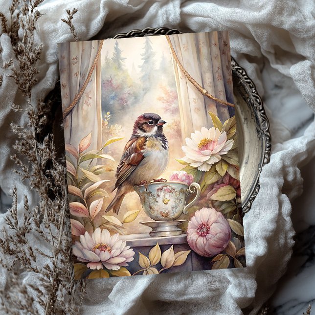 Papier Mousseline Fenêtre d'été Shabby avec des pivoines roses (Shabby summer window with sparrow pink peonies tissue paper)