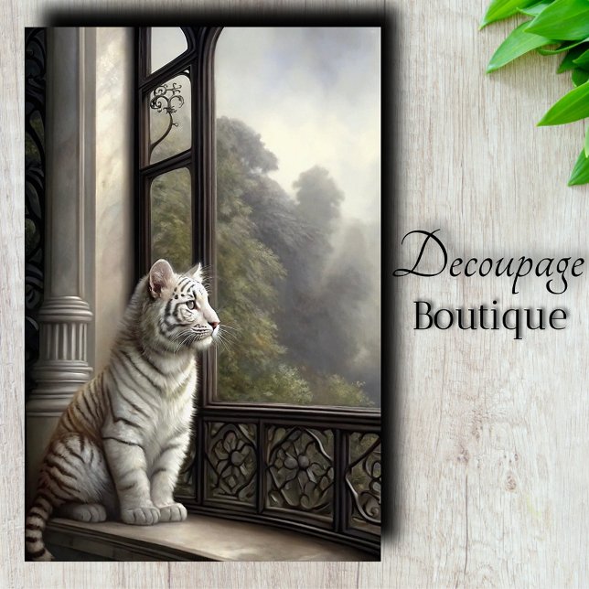 Papier Mousseline Fenêtre gothique Découpage de tigre blanc (Gothic Window White Tiger Decoupage Tissue Paper)