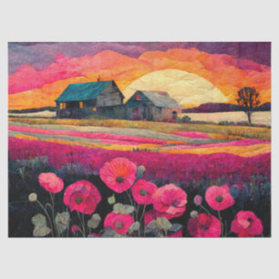Papier Mousseline Ferme de pavot rose au coucher du soleil, Décor de