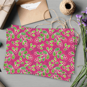 Papier Mousseline Festif Motif de feuillage de canneberge, Fuchsia