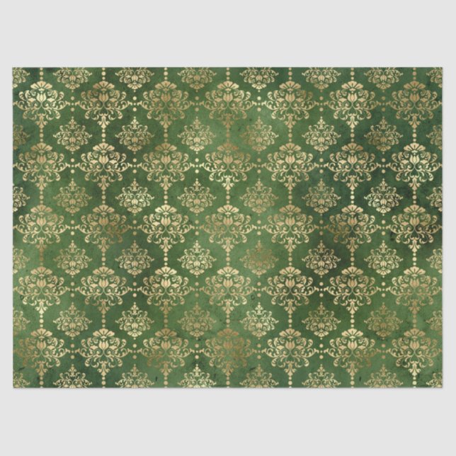 Papier Mousseline Festive Green & Gold Foil hiver Noël Damas (Recto)