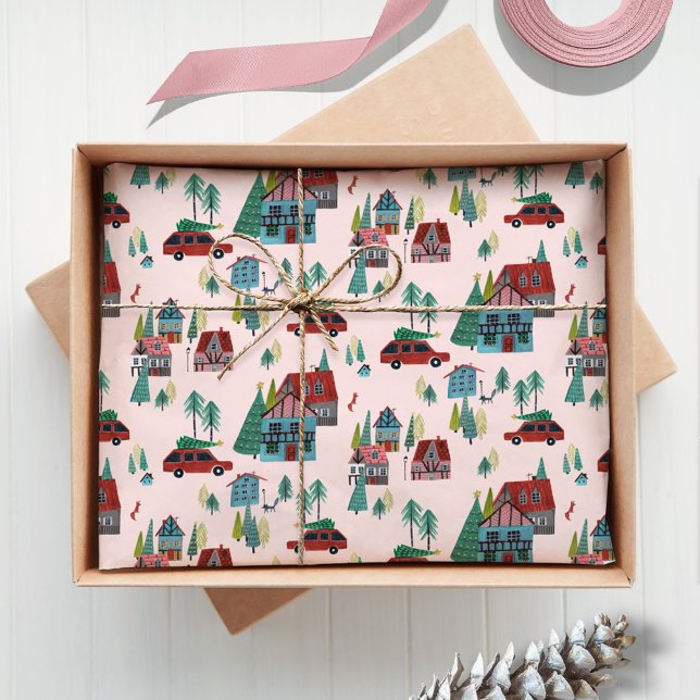 Papier Mousseline Festive Pink Village & Car Tree Noël Rétro (Festive Pink Village & Car Tree Retro Christmas Tissue Paper)