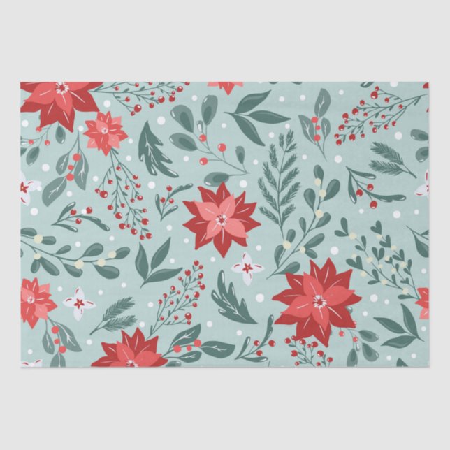 Papier Mousseline Festive Poinsettias et Holly Berries Noël (Recto)