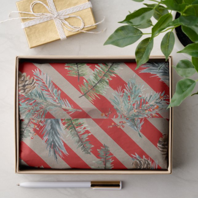 Papier Mousseline Festive Red Stripe Pine Spruce Cones Kraft Holiday (Cadeau)