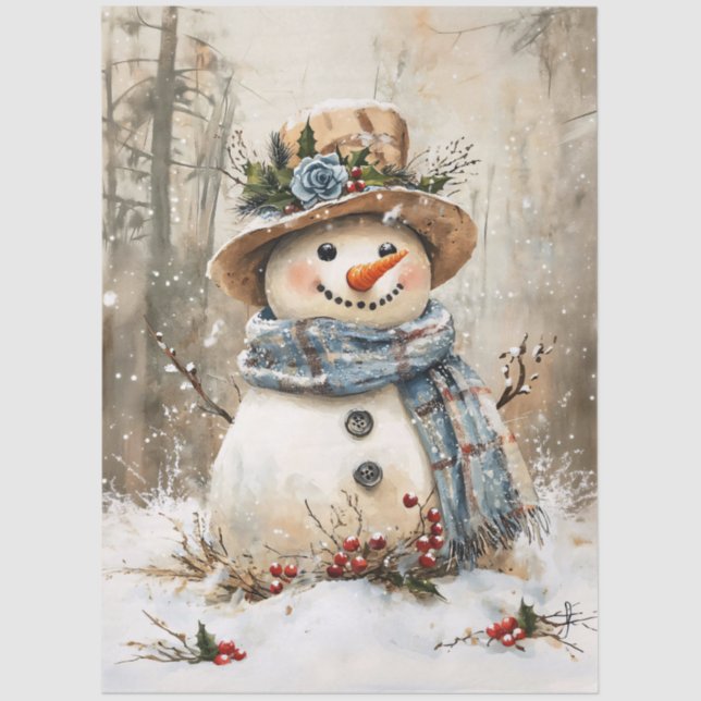 Papier Mousseline Festive Snowman in Forest Decoupage (Recto)