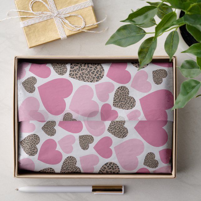 Papier Mousseline Fête Cœurs Roses et Léopard (Cadeau)